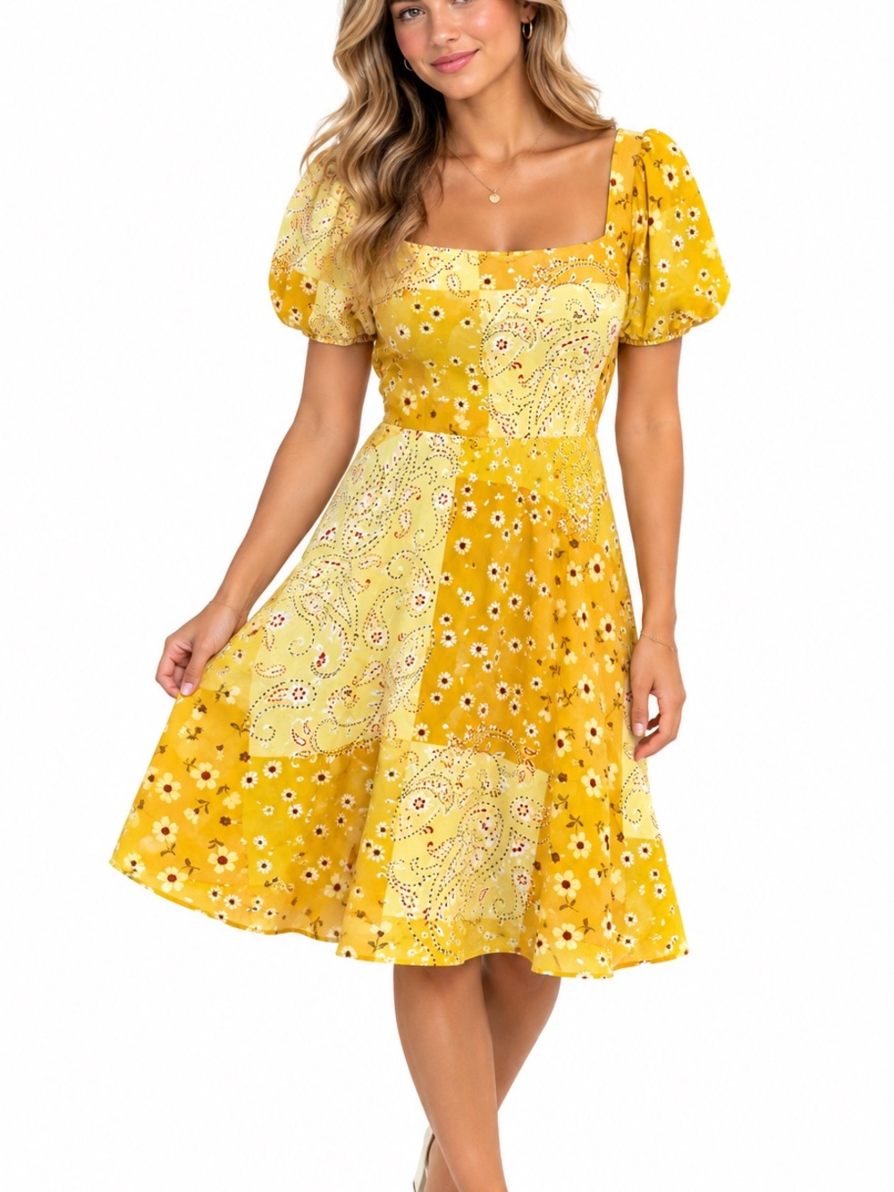 Chic Yellow Patchwork Prairie Floral Paisley Puff Sleeve Midi Dress Size 8